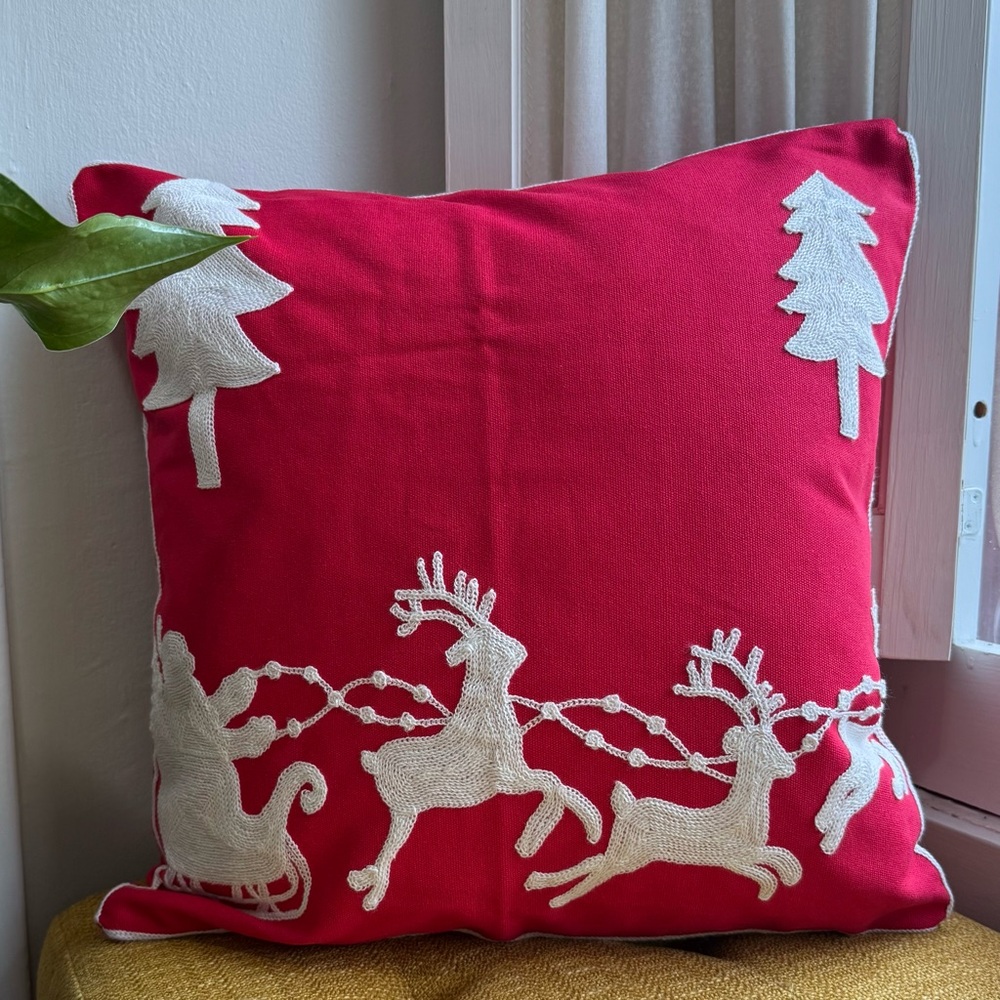Embroidered Santa and Reindeer Christmas Pillow Cover